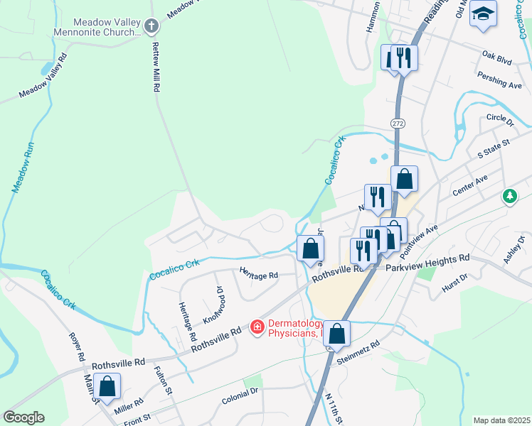 map of restaurants, bars, coffee shops, grocery stores, and more near 45 Hilldale Drive in Ephrata