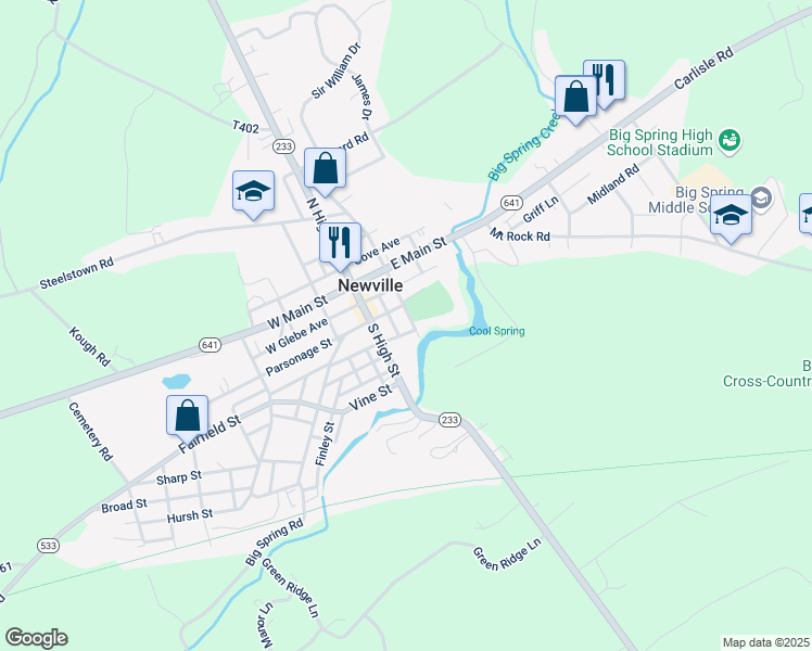 map of restaurants, bars, coffee shops, grocery stores, and more near 60 South Corporation Street in Newville