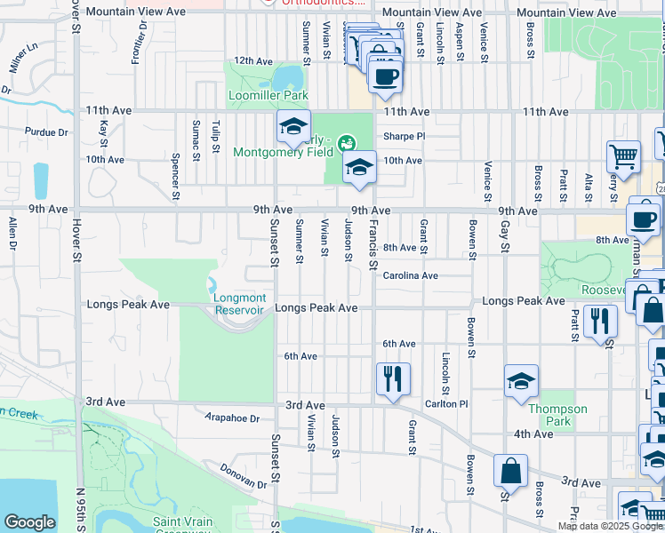 map of restaurants, bars, coffee shops, grocery stores, and more near 730 Vivian Street in Longmont