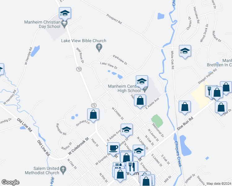 map of restaurants, bars, coffee shops, grocery stores, and more near 230 North Laurel Street in Manheim