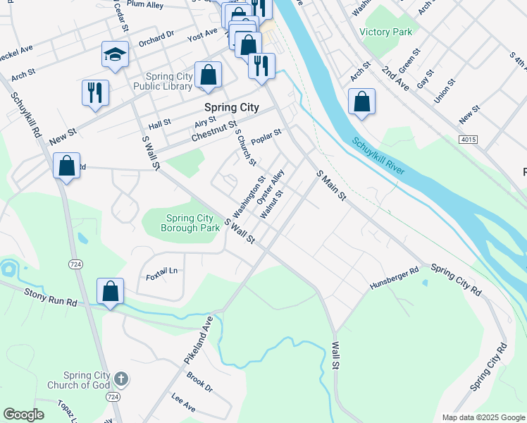 map of restaurants, bars, coffee shops, grocery stores, and more near 329 Walnut Street in Spring City