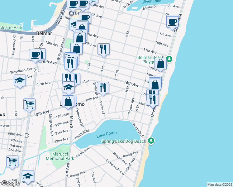 map of restaurants, bars, coffee shops, grocery stores, and more near 403 18th Avenue in Belmar
