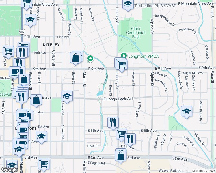 map of restaurants, bars, coffee shops, grocery stores, and more near 733 Rees Court in Longmont
