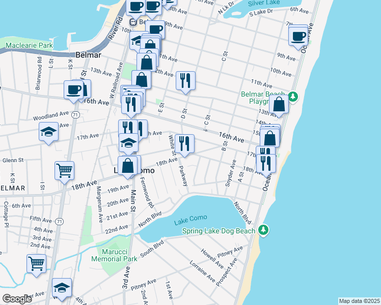 map of restaurants, bars, coffee shops, grocery stores, and more near 410 18th Avenue in Belmar