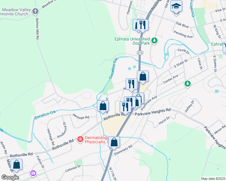 map of restaurants, bars, coffee shops, grocery stores, and more near 144 Niss Avenue in Ephrata