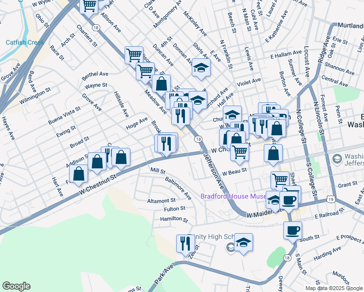map of restaurants, bars, coffee shops, grocery stores, and more near 111 Washington Street in Washington