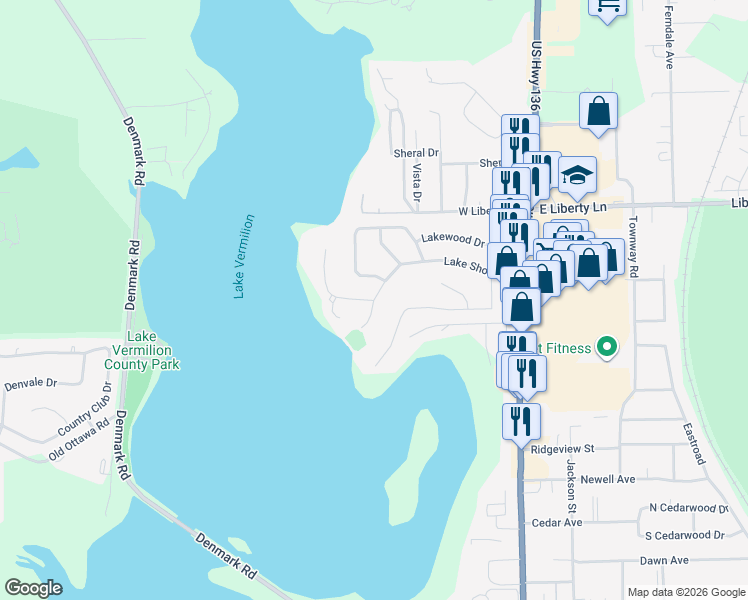 map of restaurants, bars, coffee shops, grocery stores, and more near 1 Lakeshore Court in Danville