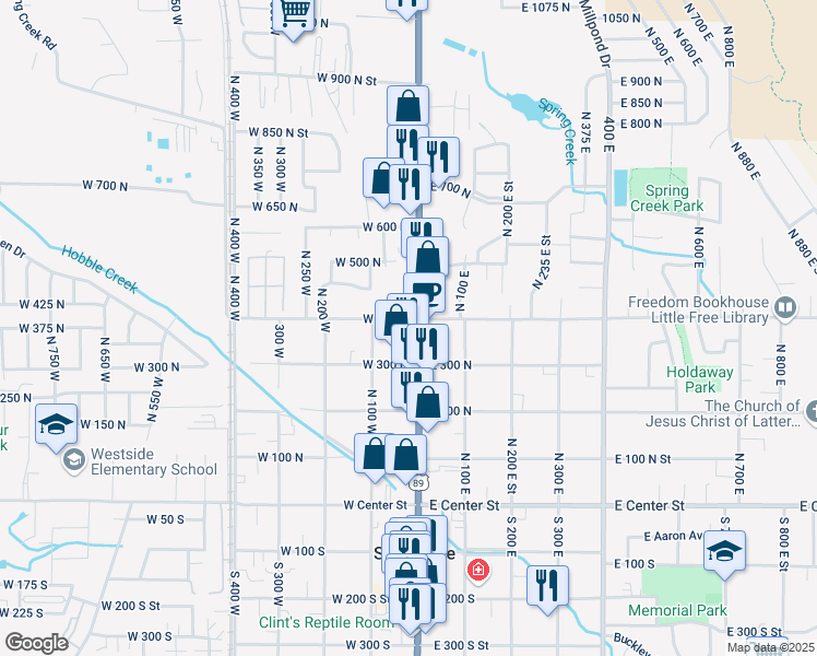 map of restaurants, bars, coffee shops, grocery stores, and more near 356 North Main Street in Springville