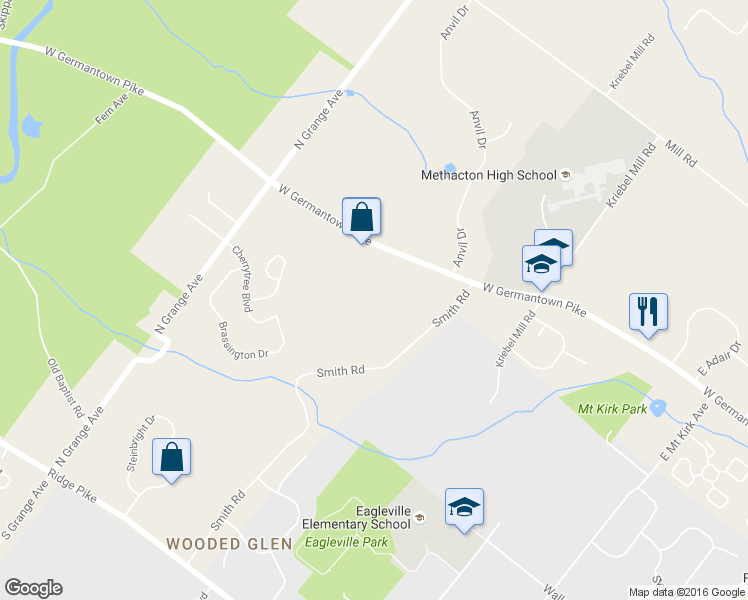 map of restaurants, bars, coffee shops, grocery stores, and more near 3430 Germantown Pike in Collegeville