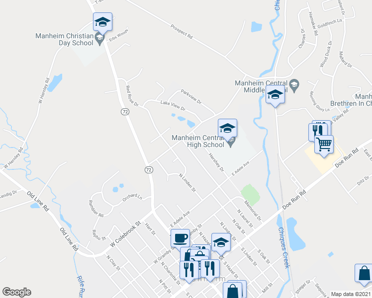 map of restaurants, bars, coffee shops, grocery stores, and more near 230 North Laurel Street in Manheim