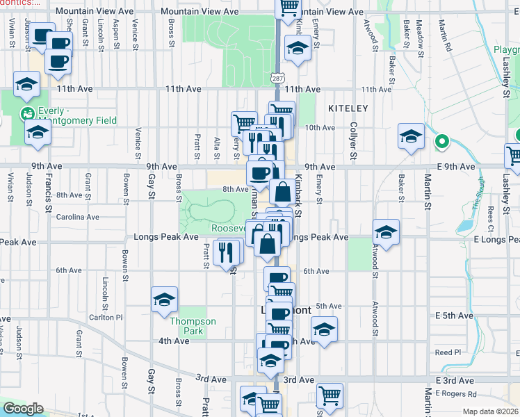 map of restaurants, bars, coffee shops, grocery stores, and more near 734 Coffman Street in Longmont