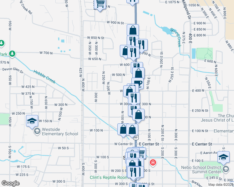 map of restaurants, bars, coffee shops, grocery stores, and more near 145 West 400 North in Springville