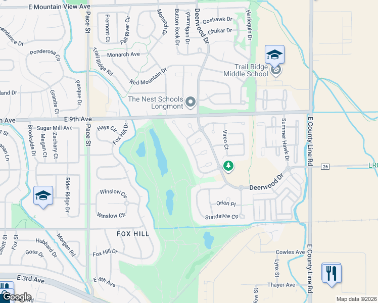 map of restaurants, bars, coffee shops, grocery stores, and more near 759 Windflower Drive in Longmont