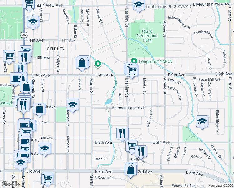 map of restaurants, bars, coffee shops, grocery stores, and more near 733 Rees Court in Longmont