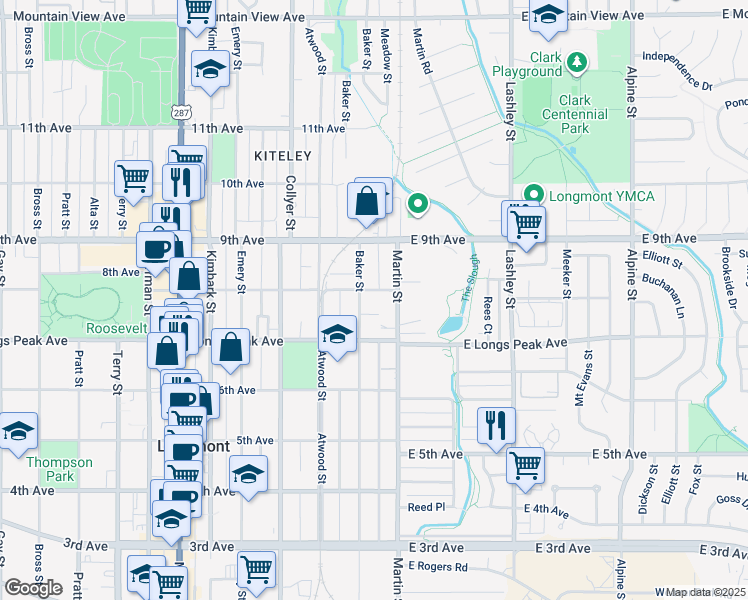 map of restaurants, bars, coffee shops, grocery stores, and more near 728 Baker Street in Longmont