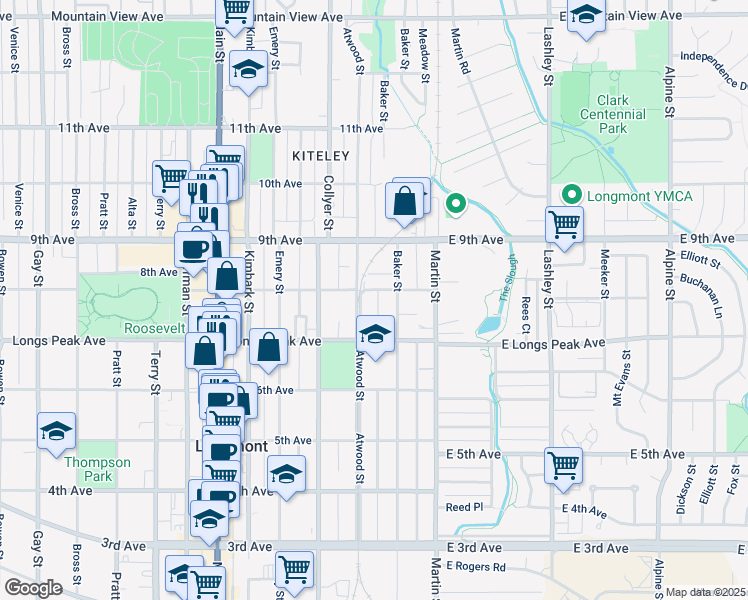map of restaurants, bars, coffee shops, grocery stores, and more near 706 Atwood Street in Longmont