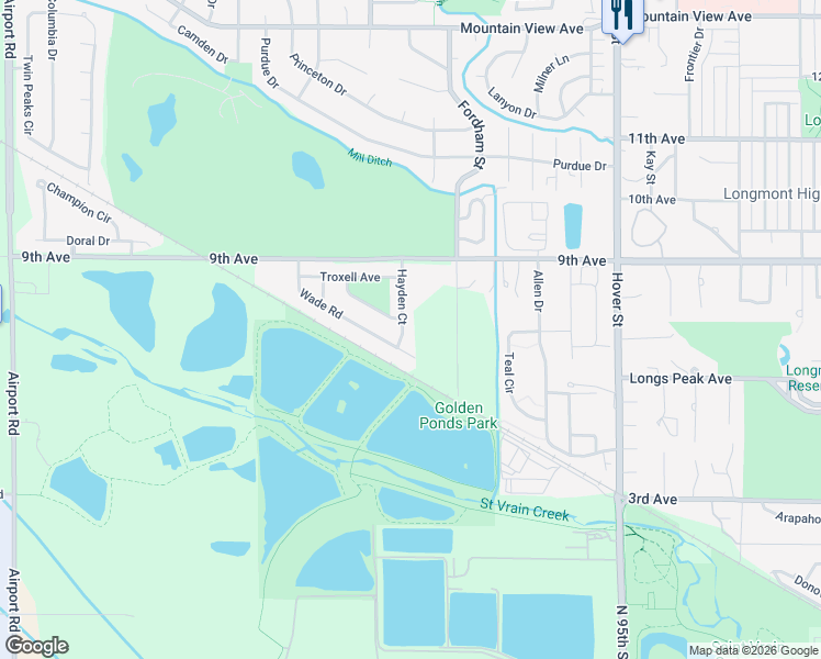map of restaurants, bars, coffee shops, grocery stores, and more near 632 Wade Road in Longmont