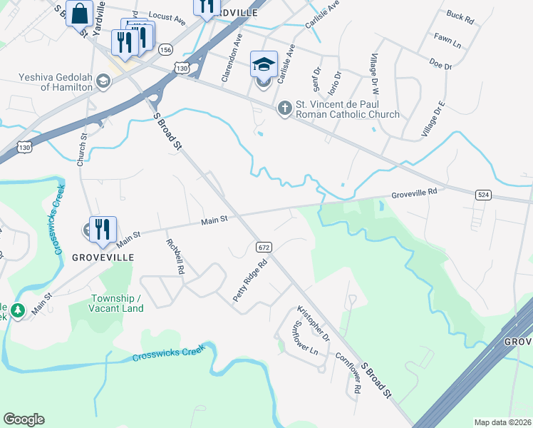 map of restaurants, bars, coffee shops, grocery stores, and more near 5036 County Route 672 in Hamilton Township