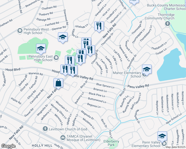 map of restaurants, bars, coffee shops, grocery stores, and more near 458 Thornridge Drive in Levittown