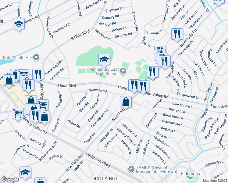 map of restaurants, bars, coffee shops, grocery stores, and more near 713 Warwick Road in Fairless Hills