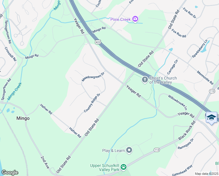map of restaurants, bars, coffee shops, grocery stores, and more near 206 Country Ridge Drive in Royersford