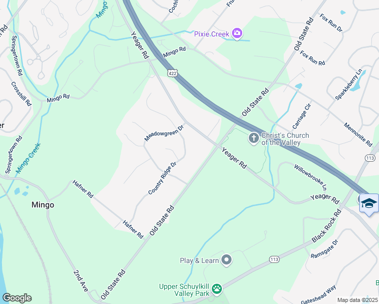 map of restaurants, bars, coffee shops, grocery stores, and more near 206 Country Ridge Drive in Royersford