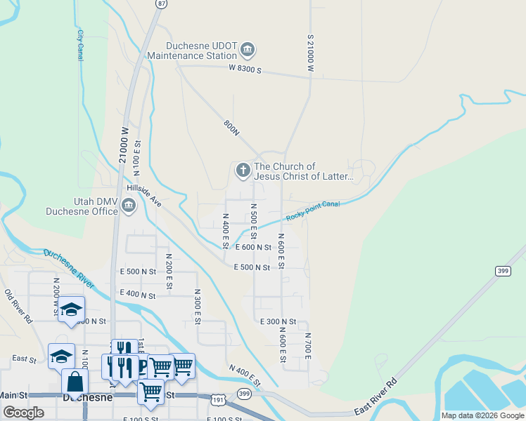 map of restaurants, bars, coffee shops, grocery stores, and more near 555 East 750 North in Duchesne