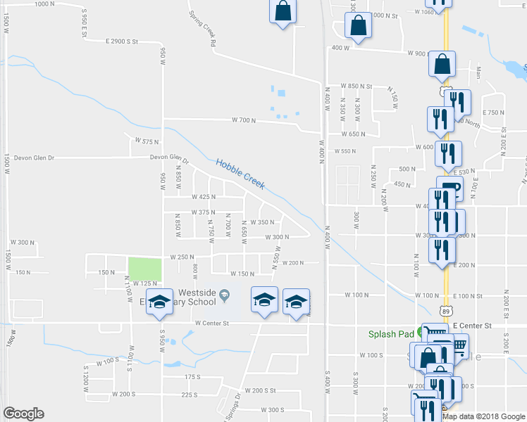 map of restaurants, bars, coffee shops, grocery stores, and more near 376 600 West in Springville