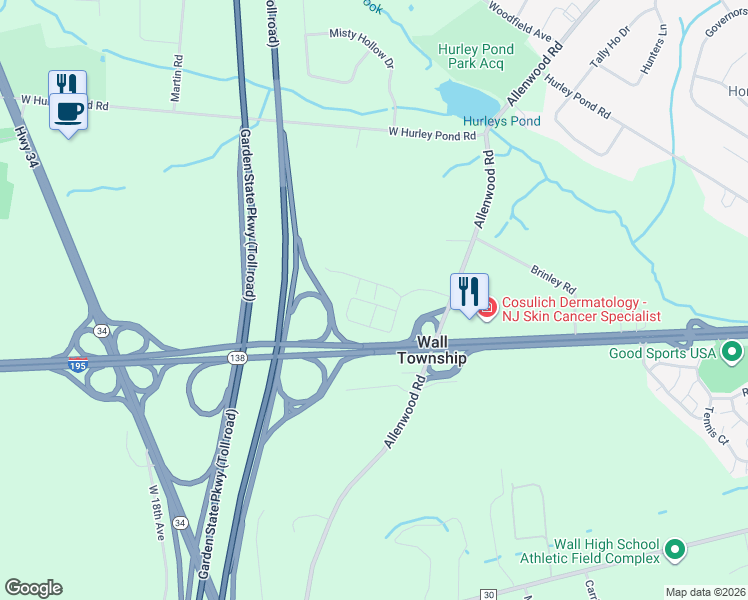 map of restaurants, bars, coffee shops, grocery stores, and more near 3400 Aspen Circle in Wall Township