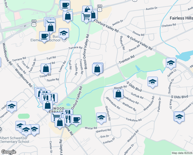 map of restaurants, bars, coffee shops, grocery stores, and more near 96 Trenton Road in Fairless Hills