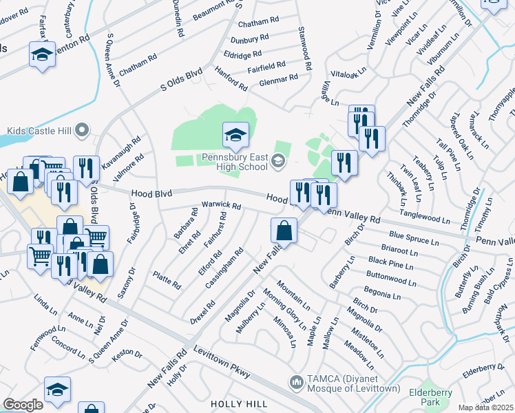map of restaurants, bars, coffee shops, grocery stores, and more near 713 Warwick Road in Fairless Hills