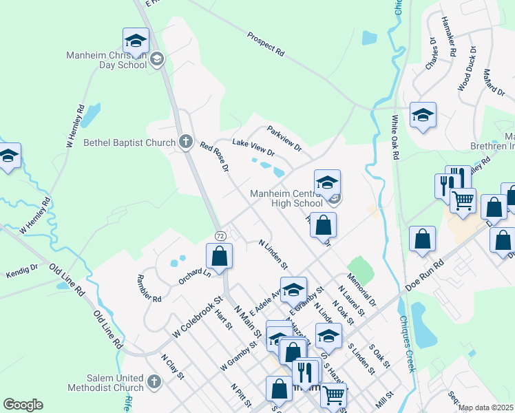 map of restaurants, bars, coffee shops, grocery stores, and more near 133 Hamaker Road in Manheim