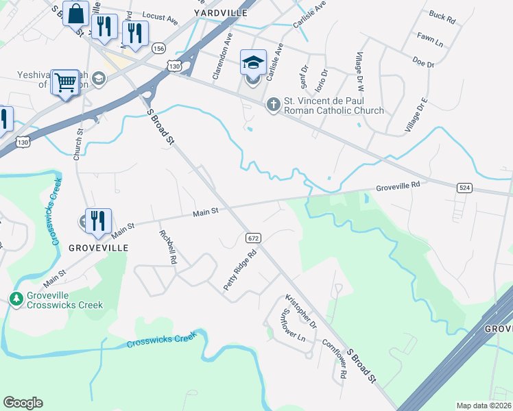 map of restaurants, bars, coffee shops, grocery stores, and more near 5036 County Route 672 in Hamilton Township