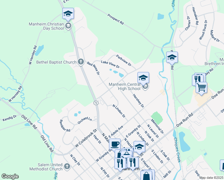map of restaurants, bars, coffee shops, grocery stores, and more near 133 Hamaker Road in Manheim