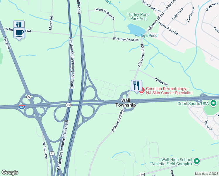 map of restaurants, bars, coffee shops, grocery stores, and more near 3400 New Jersey 138 in Wall Township