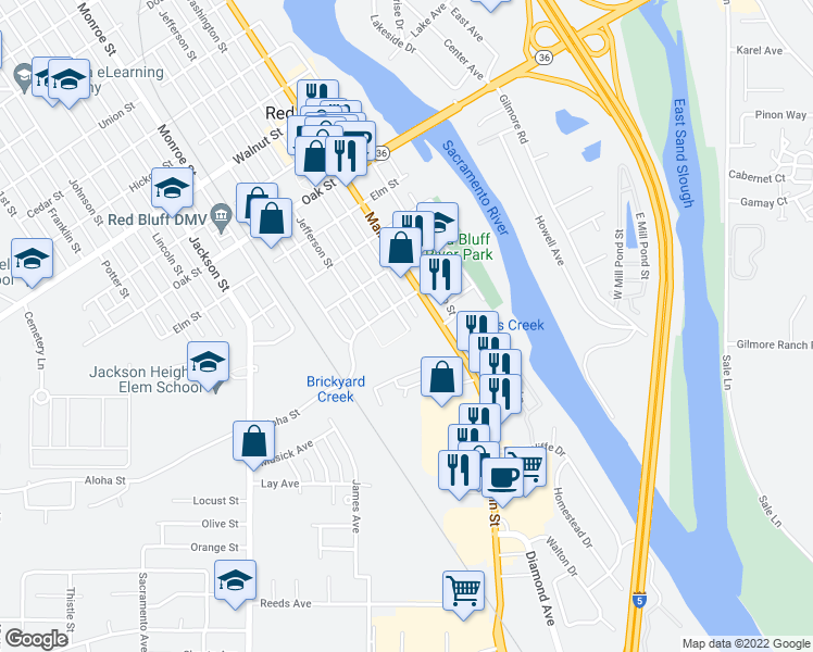 map of restaurants, bars, coffee shops, grocery stores, and more near 147 Washington Street in Red Bluff