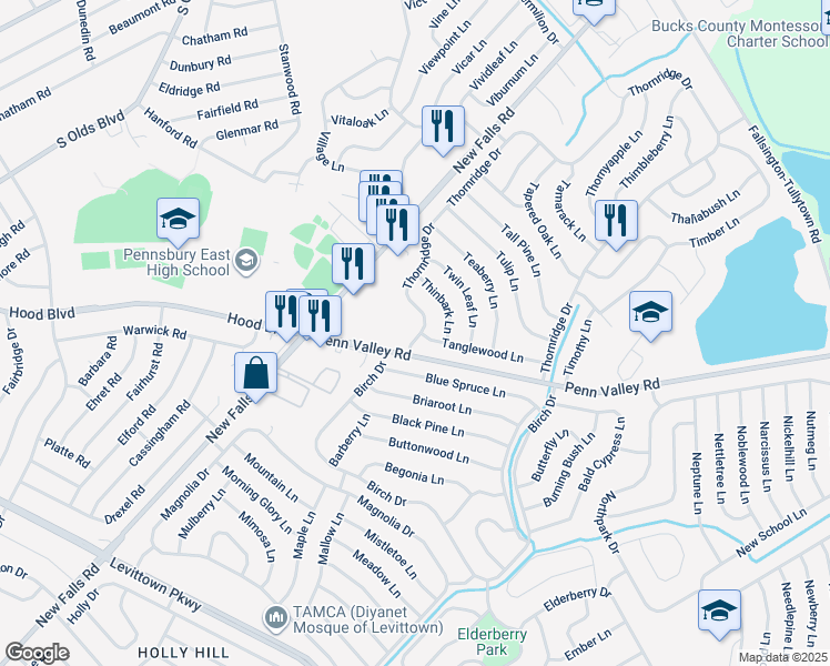 map of restaurants, bars, coffee shops, grocery stores, and more near 458 Thornridge Drive in Levittown