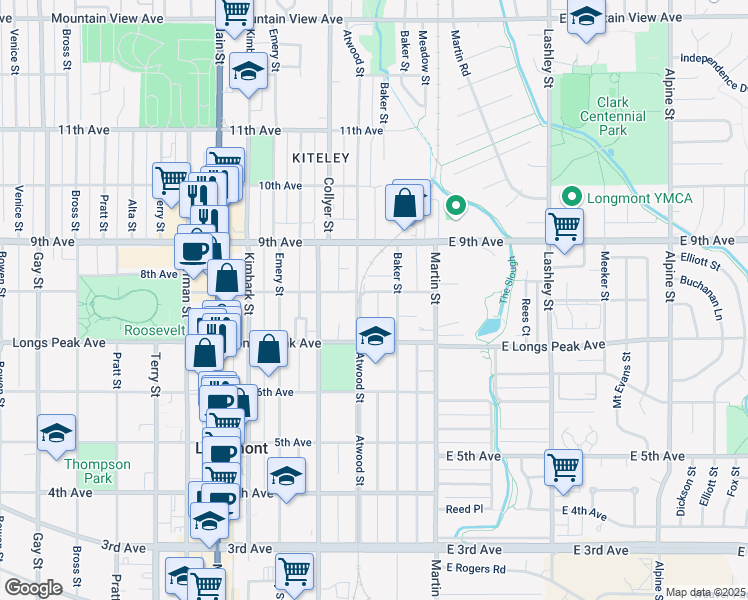map of restaurants, bars, coffee shops, grocery stores, and more near 706 Atwood Street in Longmont