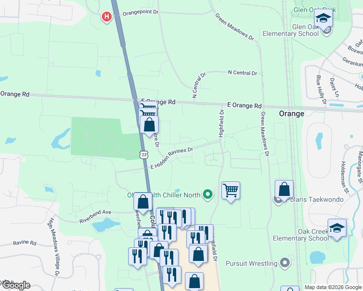 map of restaurants, bars, coffee shops, grocery stores, and more near 310 Whistling Way Drive in Lewis Center