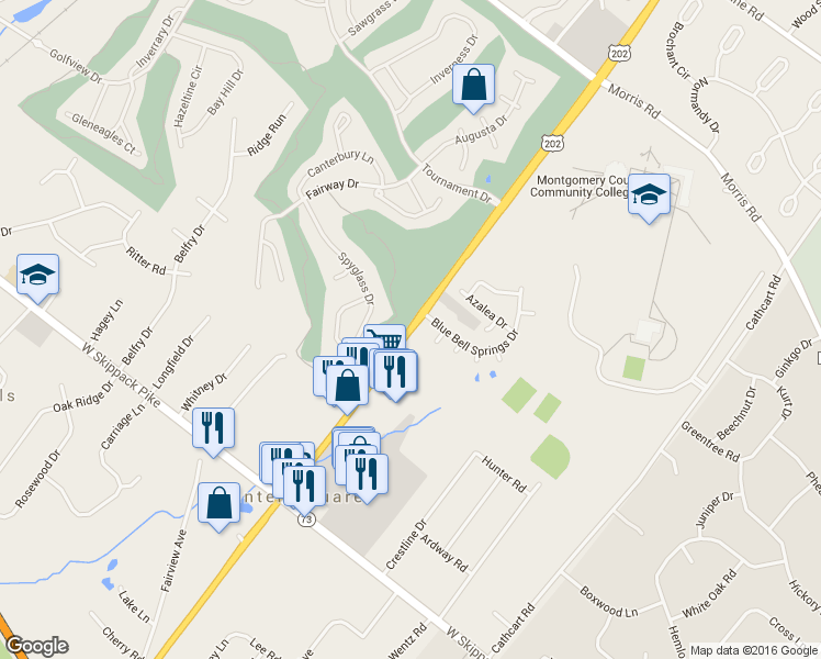 map of restaurants, bars, coffee shops, grocery stores, and more near 694 Dekalb Pike in Blue Bell