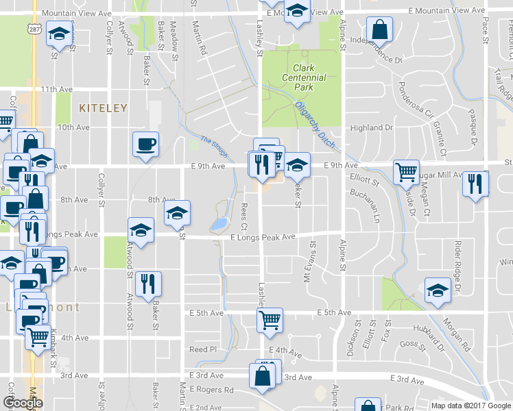 map of restaurants, bars, coffee shops, grocery stores, and more near 757 Lashley Street in Longmont
