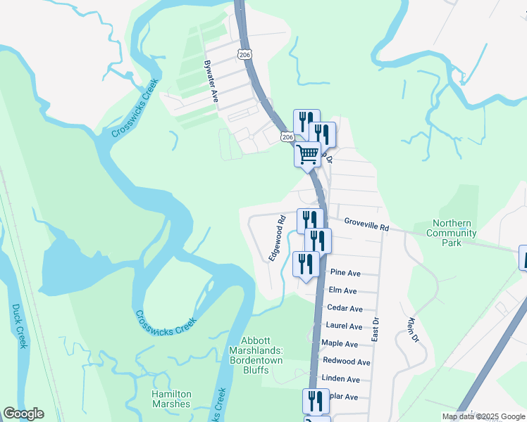 map of restaurants, bars, coffee shops, grocery stores, and more near 26 Linden Road in Bordentown