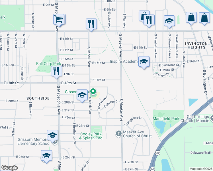 map of restaurants, bars, coffee shops, grocery stores, and more near 2603 S Tacoma Ave in Muncie