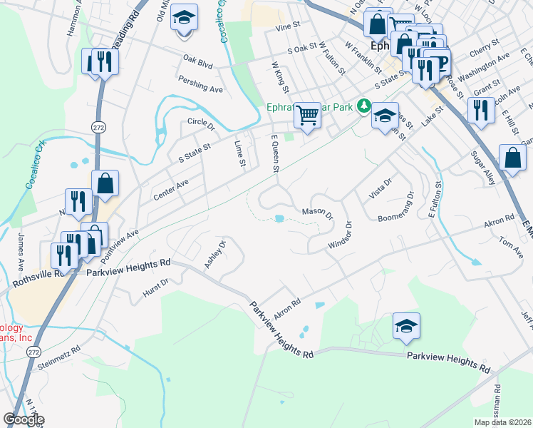 map of restaurants, bars, coffee shops, grocery stores, and more near 133 Brickyard Circle in Ephrata Township