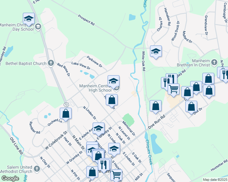 map of restaurants, bars, coffee shops, grocery stores, and more near 400 East Adele Avenue in Manheim
