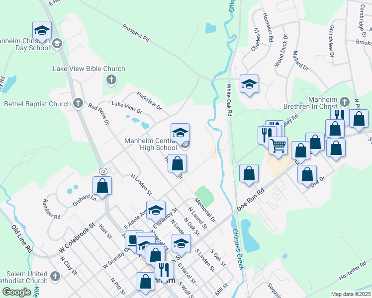 map of restaurants, bars, coffee shops, grocery stores, and more near 400 East Adele Avenue in Manheim