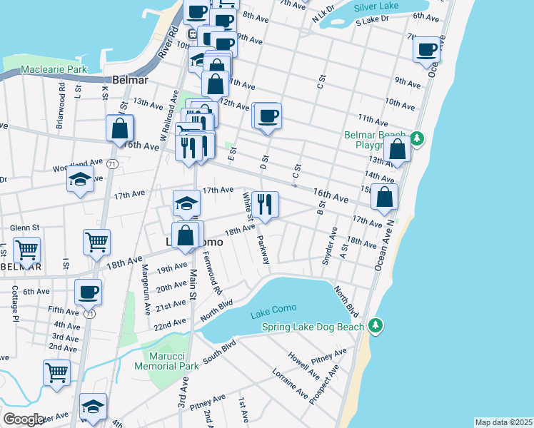 map of restaurants, bars, coffee shops, grocery stores, and more near 1726 Newman Street in Belmar