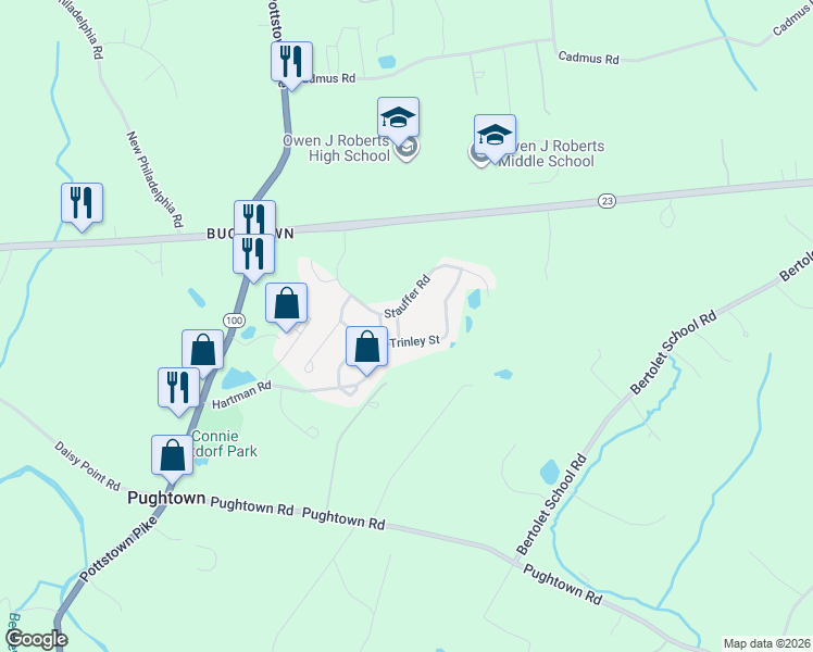 map of restaurants, bars, coffee shops, grocery stores, and more near 114 Trinley Street in Pottstown