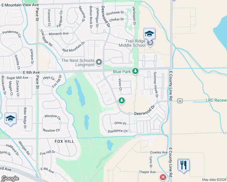 map of restaurants, bars, coffee shops, grocery stores, and more near 1505 Tanager Place in Longmont