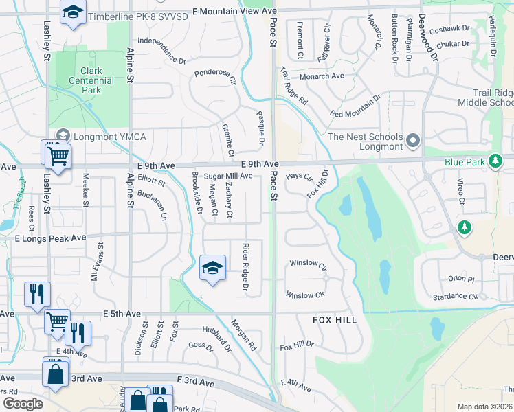 map of restaurants, bars, coffee shops, grocery stores, and more near 703 Ridge Creek Court in Longmont